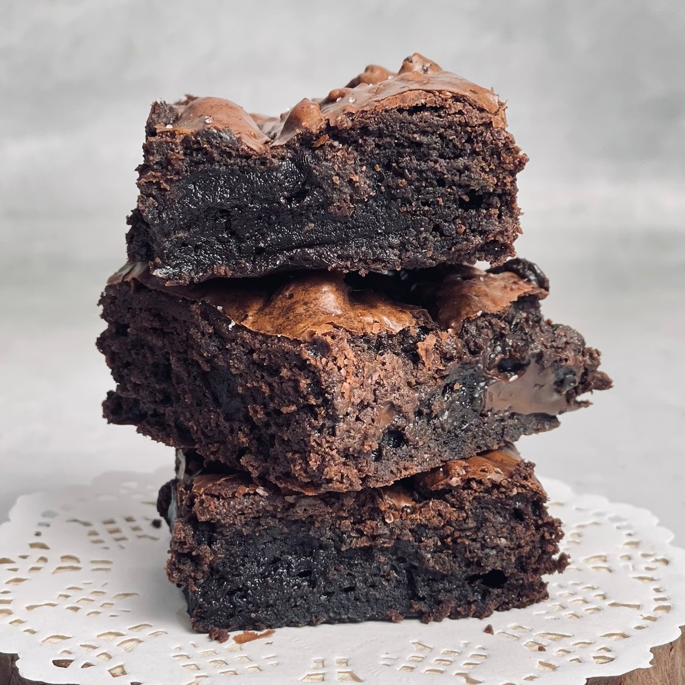 Stack of fudgy chocolate brownies